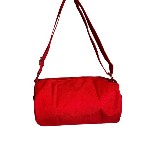 Vintage Red Canvas Shoulder Bag Wooden Button Accent Adjustable Strap Purse - Picture 5 of 7